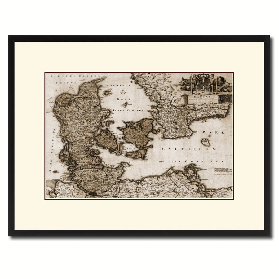 Denmark Centuries Vintage Sepia Map Canvas Print with Picture Frame Gifts  Wall Art Decoration Image 1