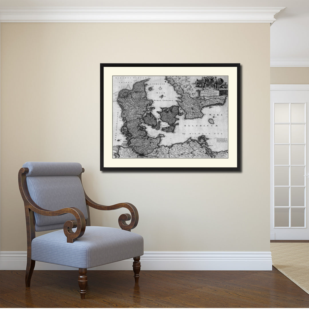 Denmark Centuries Vintage BandW Map Canvas Print with Picture Frame  Wall Art Gift Ideas Image 2