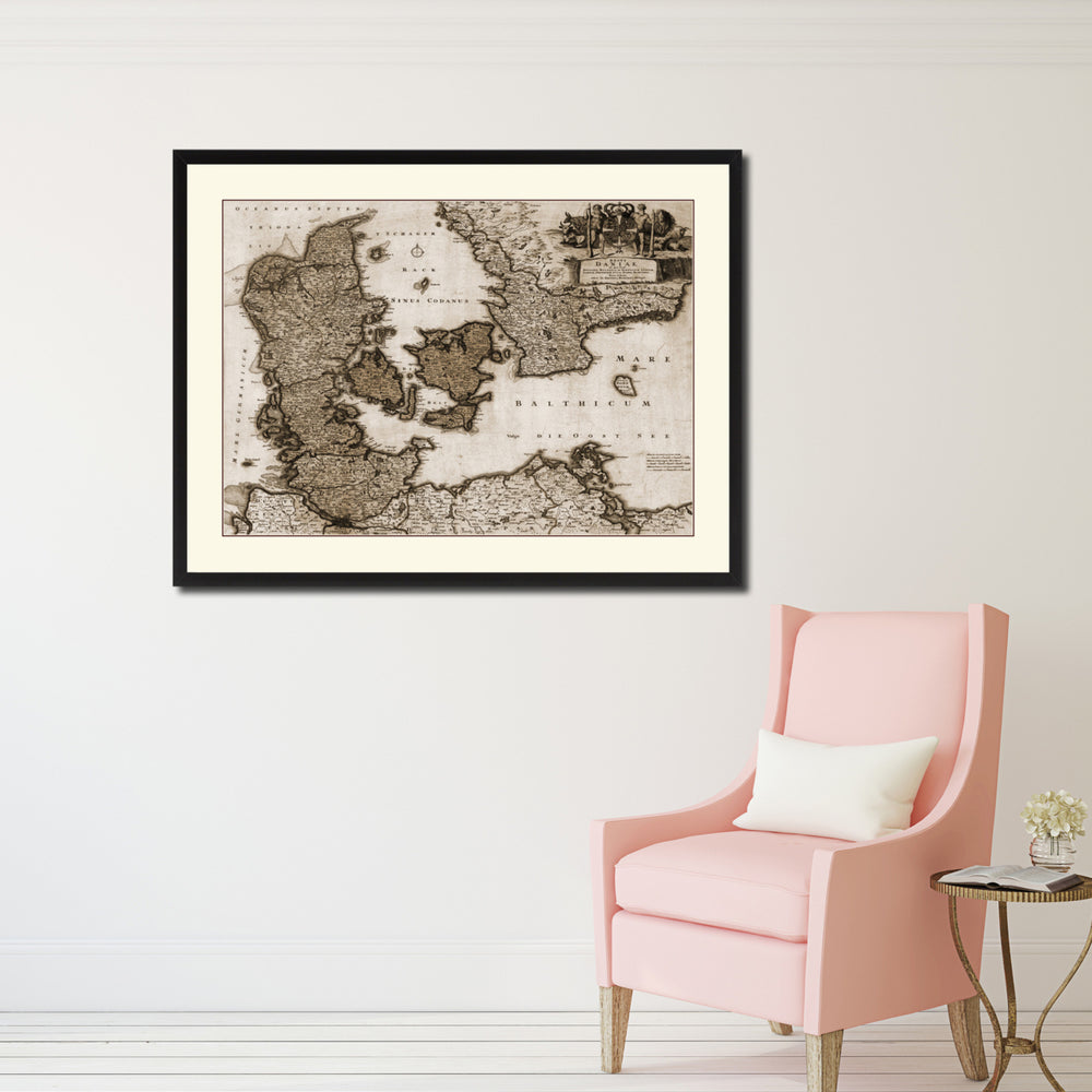 Denmark Centuries Vintage Sepia Map Canvas Print with Picture Frame Gifts  Wall Art Decoration Image 2