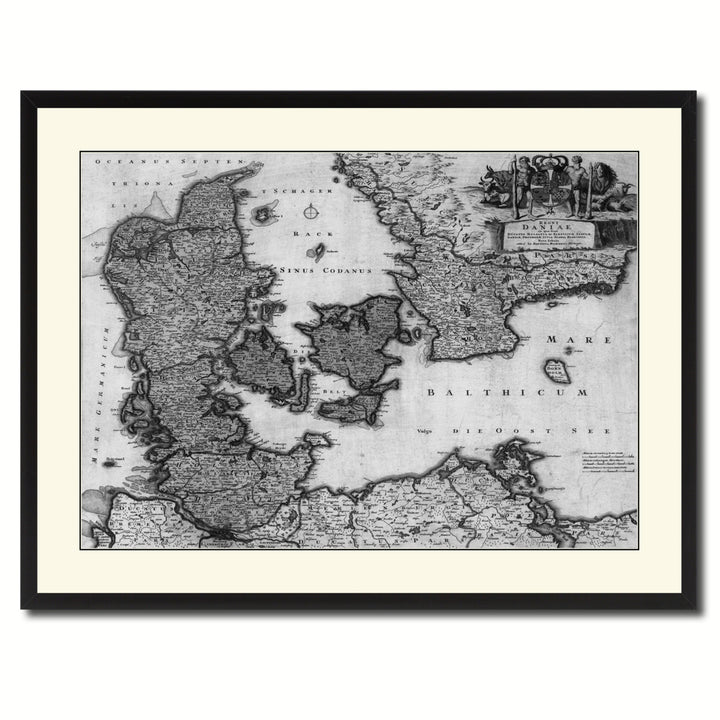 Denmark Centuries Vintage BandW Map Canvas Print with Picture Frame  Wall Art Gift Ideas Image 3