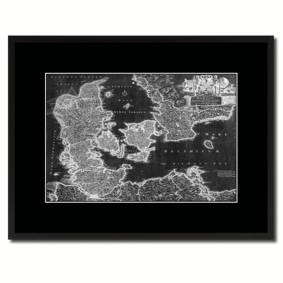 Denmark Centuries Vintage Monochrome Map Canvas Print with Gifts Picture Frame  Wall Art Image 1