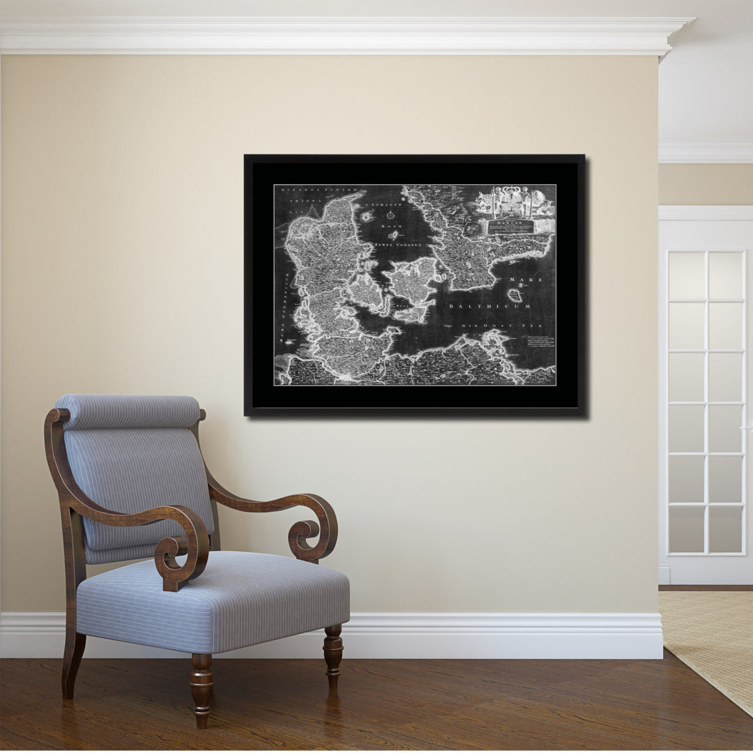 Denmark Centuries Vintage Monochrome Map Canvas Print with Gifts Picture Frame  Wall Art Image 2