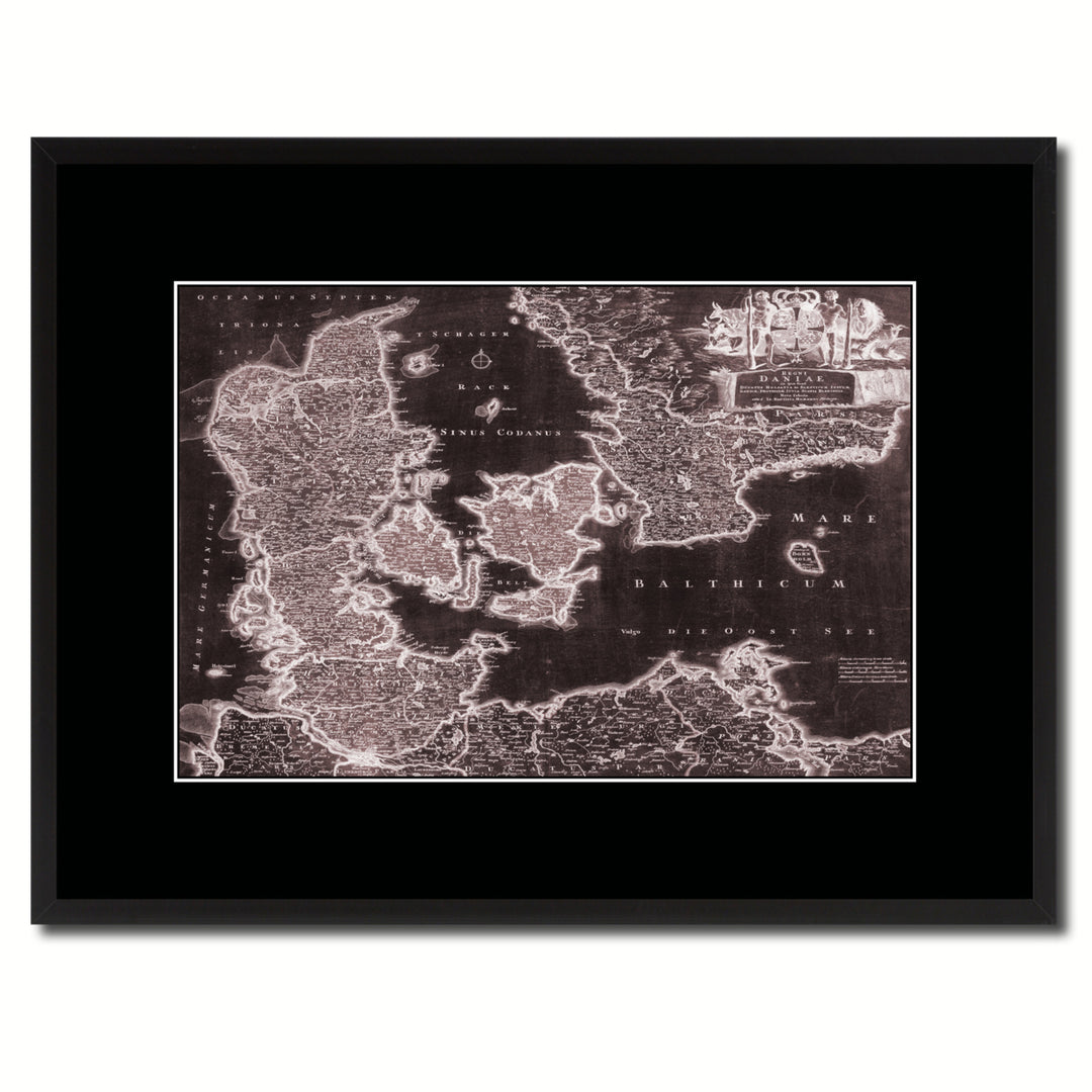 Denmark Centuries Vintage Vivid Sepia Map Canvas Print with Picture Frame  Wall Art Decoration Gifts Image 1