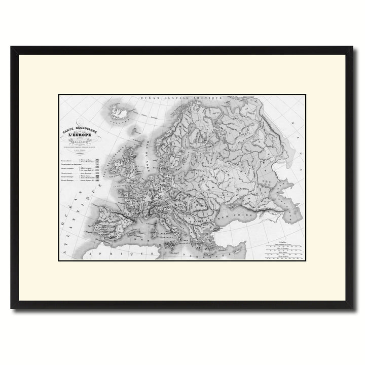 Europe Geological Vintage BandW Map Canvas Print with Picture Frame  Wall Art Gift Ideas Image 1