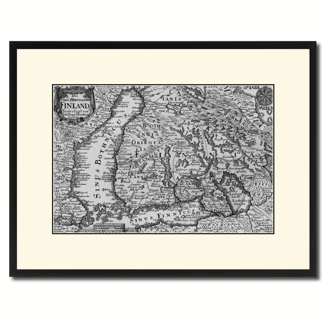 Finland Centuries Vintage BandW Map Canvas Print with Picture Frame  Wall Art Gift Ideas Image 1