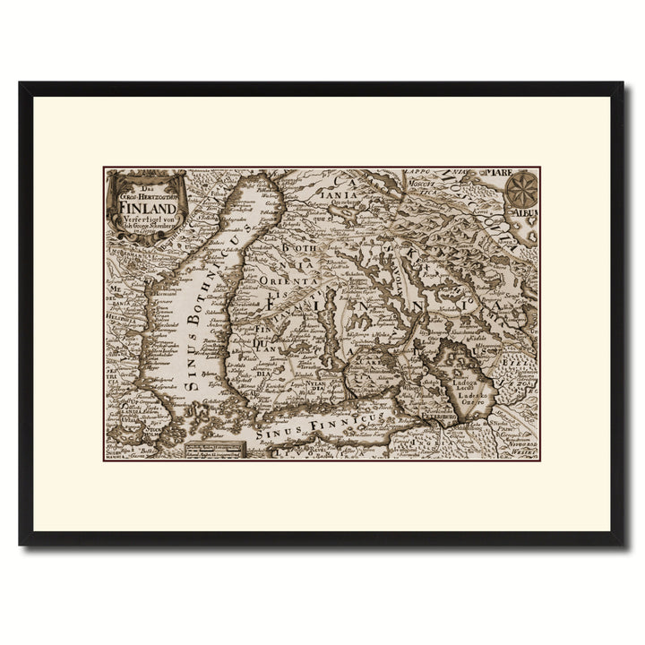 Finland Centuries Vintage Sepia Map Canvas Print with Picture Frame Gifts  Wall Art Decoration Image 1