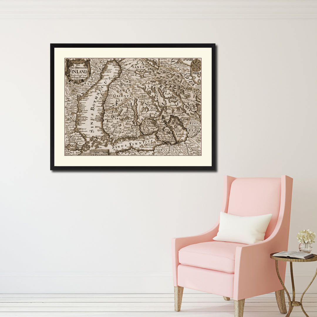 Finland Centuries Vintage Sepia Map Canvas Print with Picture Frame Gifts  Wall Art Decoration Image 2