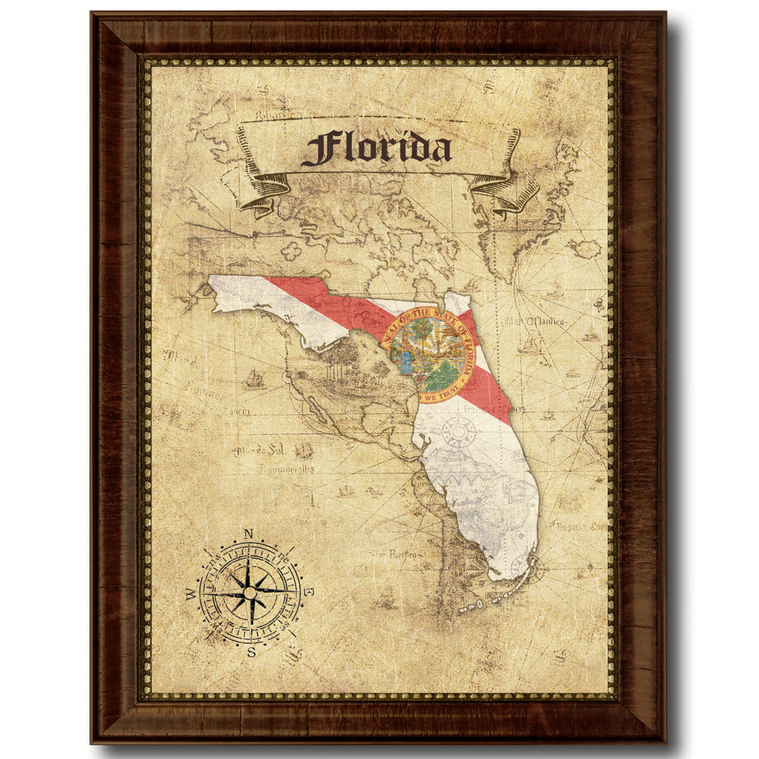 Florida State Flag  Vintage Map Canvas Print with Picture Frame  Wall Art Decoration Gift Ideas Image 1
