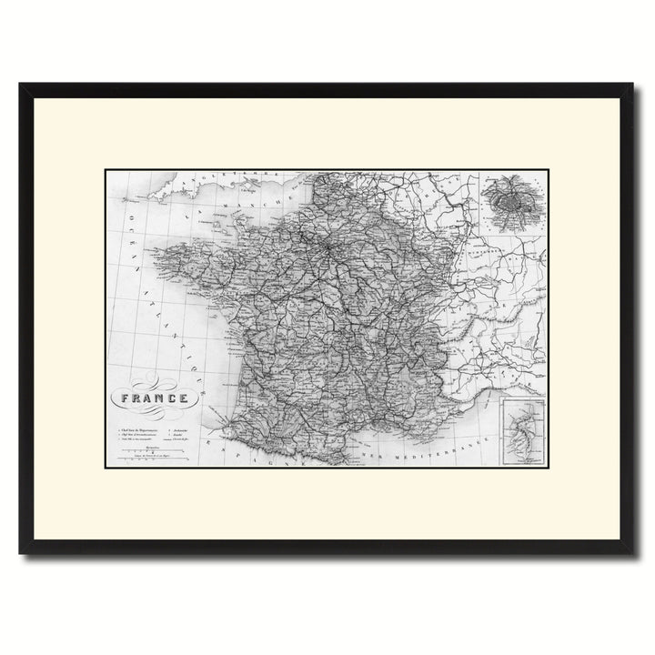 France Paris Vintage BandW Map Canvas Print with Picture Frame  Wall Art Gift Ideas Image 1