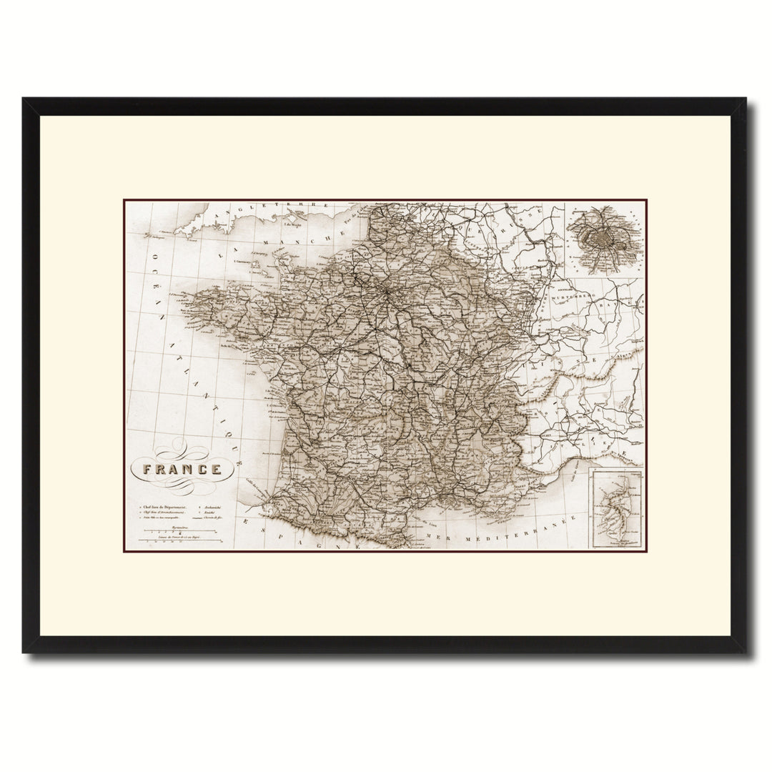 France Paris Vintage Sepia Map Canvas Print with Picture Frame Gifts  Wall Art Decoration Image 1