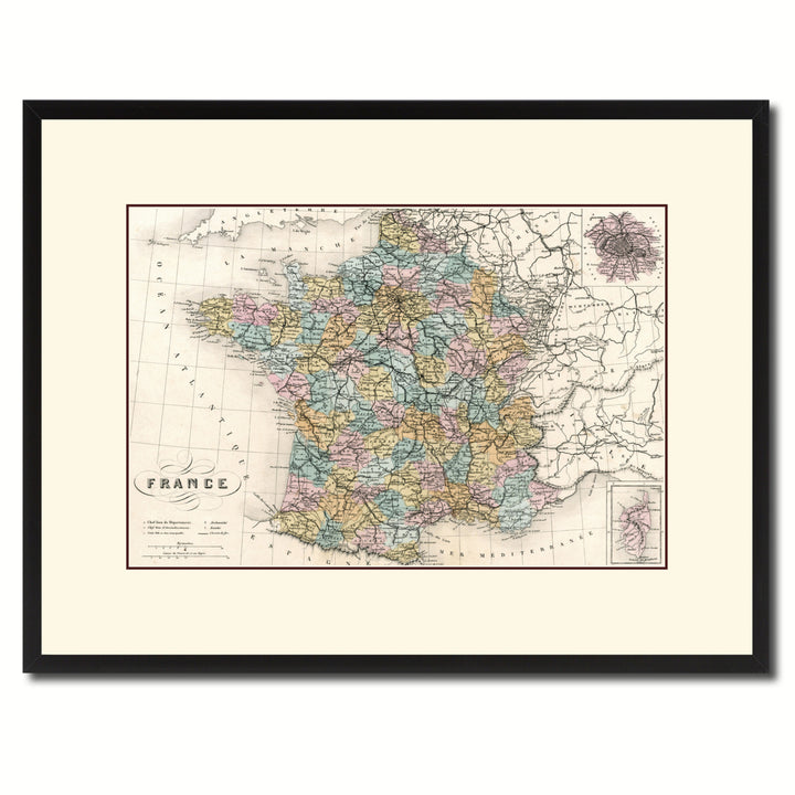 France Paris Vintage Antique Map Wall Art  Gift Ideas Canvas Print Custom Picture Frame Image 1