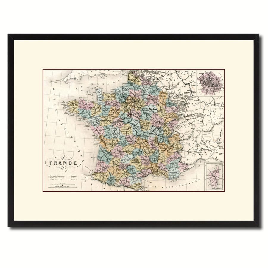 France Paris Vintage Antique Map Wall Art  Gift Ideas Canvas Print Custom Picture Frame Image 1