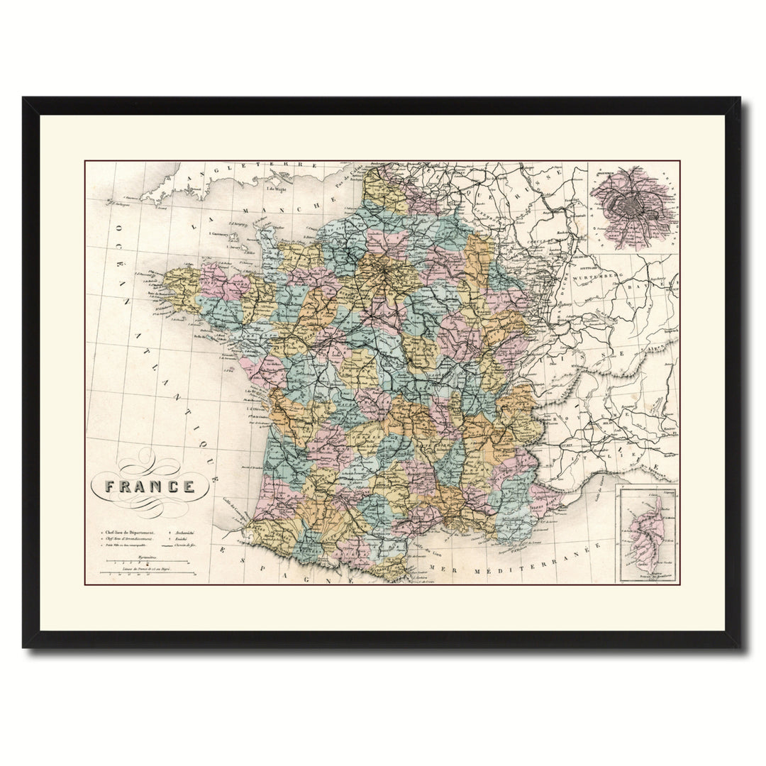 France Paris Vintage Antique Map Wall Art  Gift Ideas Canvas Print Custom Picture Frame Image 3