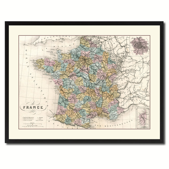 France Paris Vintage Antique Map Wall Art  Gift Ideas Canvas Print Custom Picture Frame Image 3