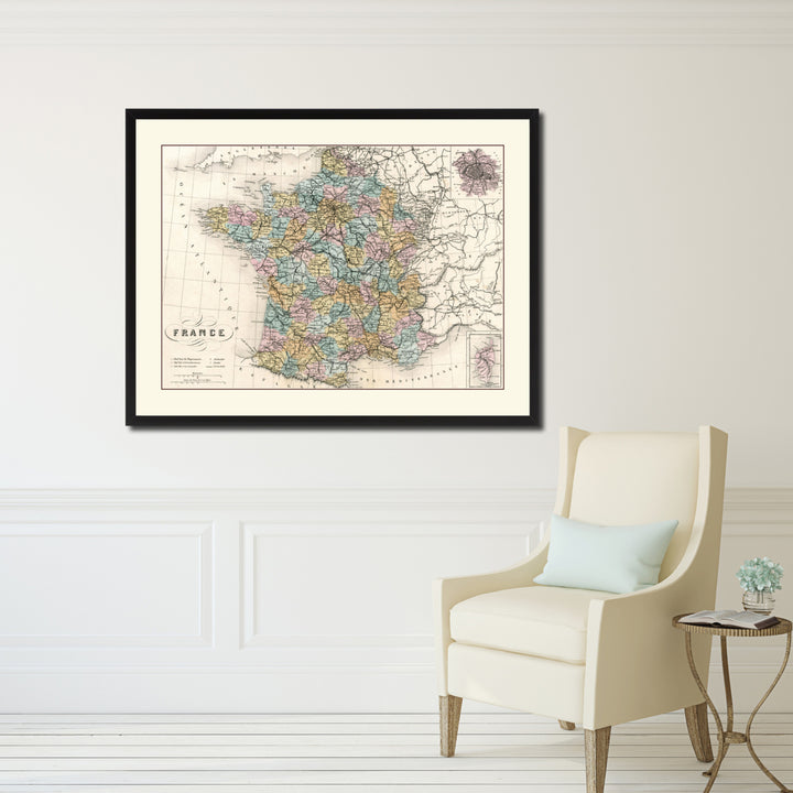 France Paris Vintage Antique Map Wall Art  Gift Ideas Canvas Print Custom Picture Frame Image 5
