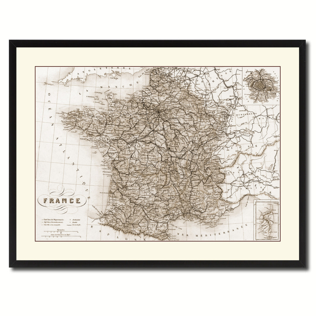 France Paris Vintage Sepia Map Canvas Print with Picture Frame Gifts  Wall Art Decoration Image 3