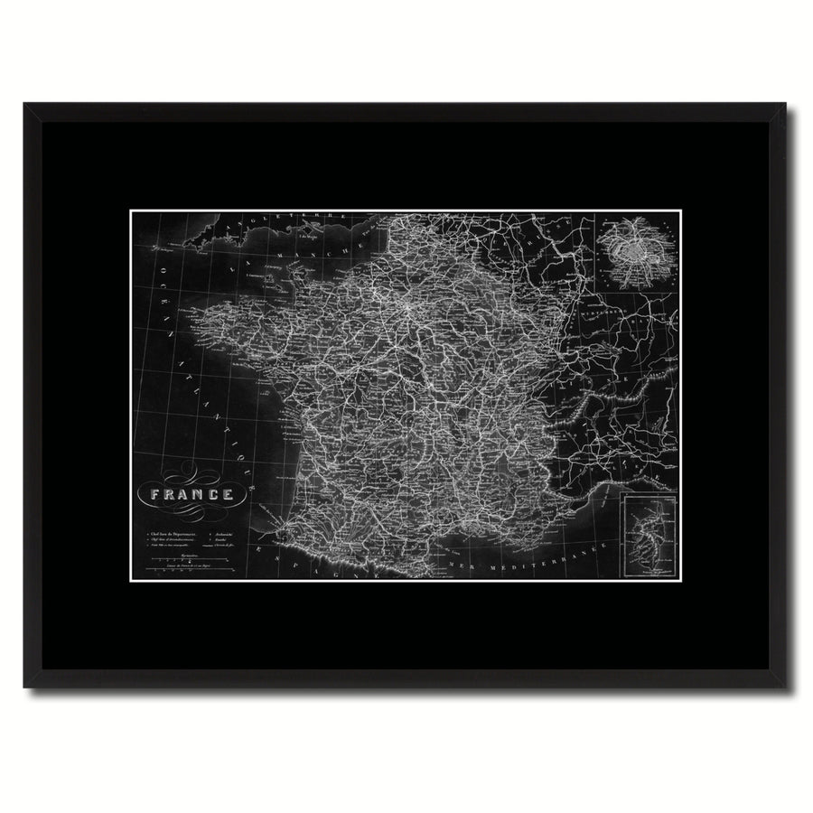 France Paris Vintage Monochrome Map Canvas Print with Gifts Picture Frame  Wall Art Image 1