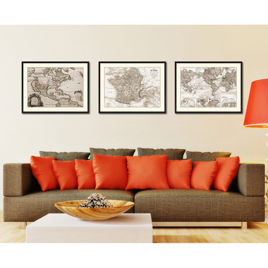 France Vintage Sepia Map Canvas Print with Picture Frame Gifts  Wall Art Decoration Image 4