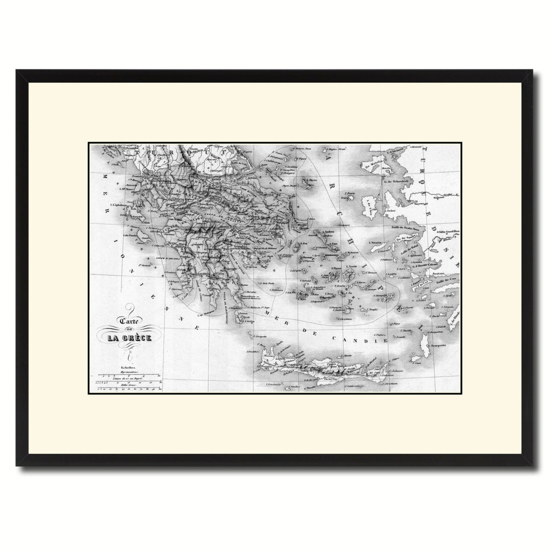 Greece Vintage BandW Map Canvas Print with Picture Frame  Wall Art Gift Ideas Image 1