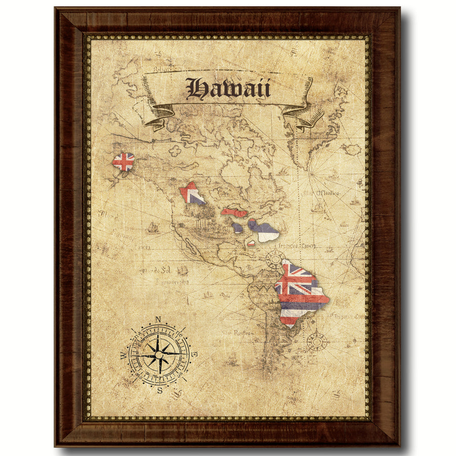 Hawaii State Flag  Vintage Map Canvas Print with Picture Frame  Wall Art Decoration Gift Ideas Image 1