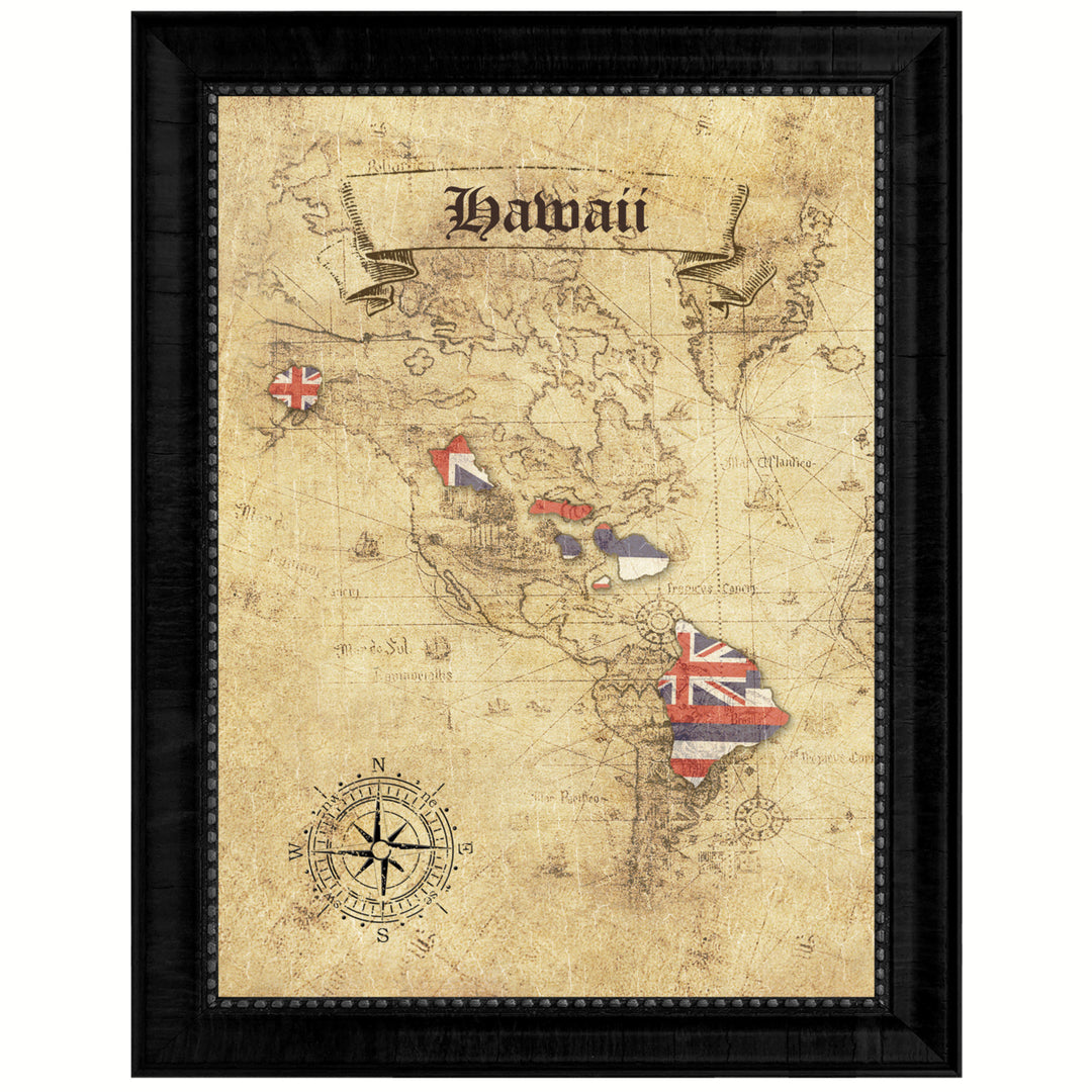 Hawaii State Flag  Vintage Map Canvas Print with Picture Frame  Wall Art Decoration Gift Ideas Image 1