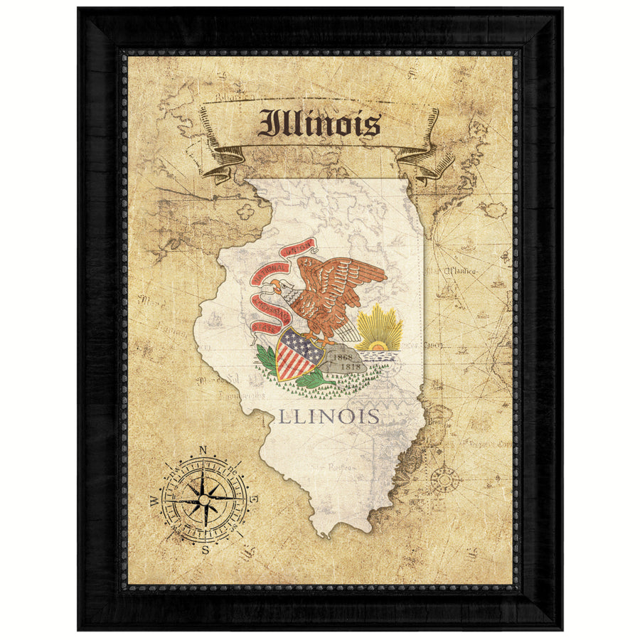 Illinois State Flag  Vintage Map Canvas Print with Picture Frame  Wall Art Decoration Gift Ideas Image 1