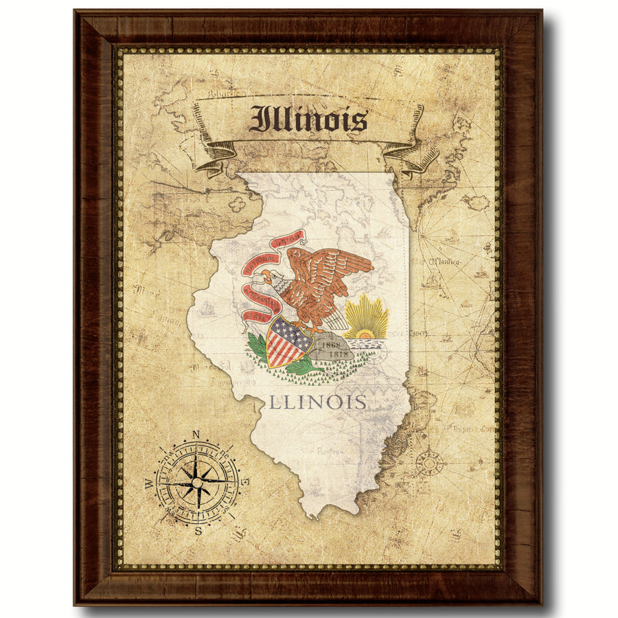 Illinois State Flag  Vintage Map Canvas Print with Picture Frame  Wall Art Decoration Gift Ideas Image 1
