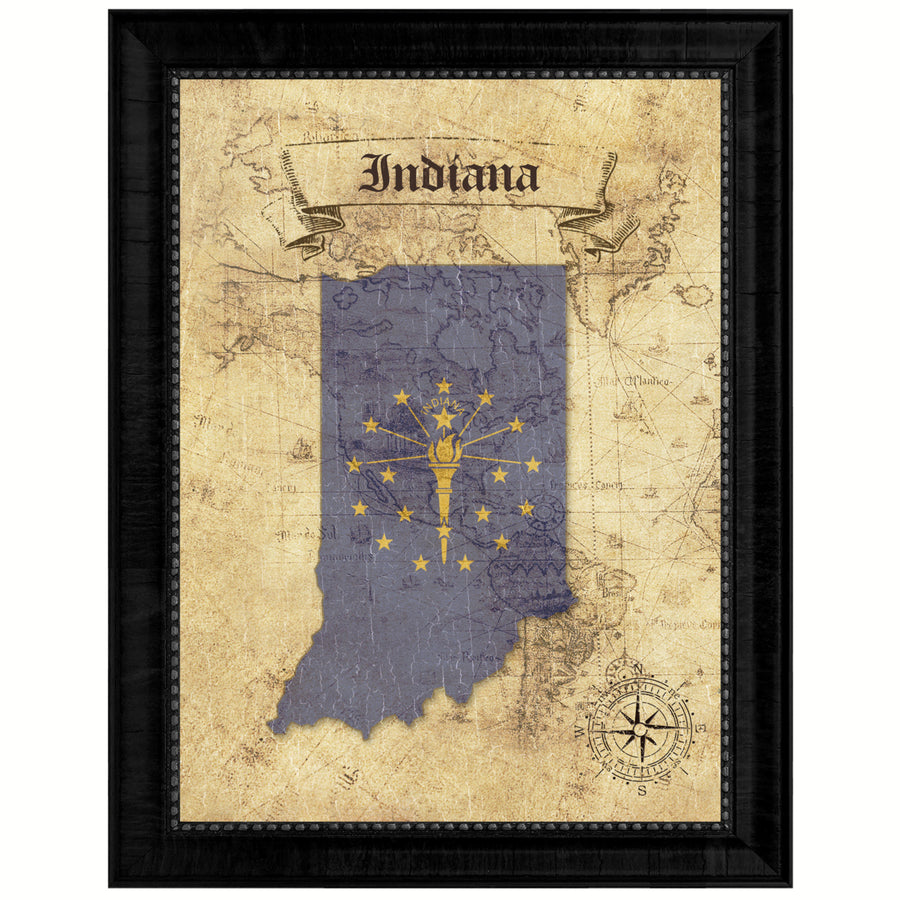 Indiana State Flag  Vintage Map Canvas Print with Picture Frame  Wall Art Decoration Gift Ideas Image 1