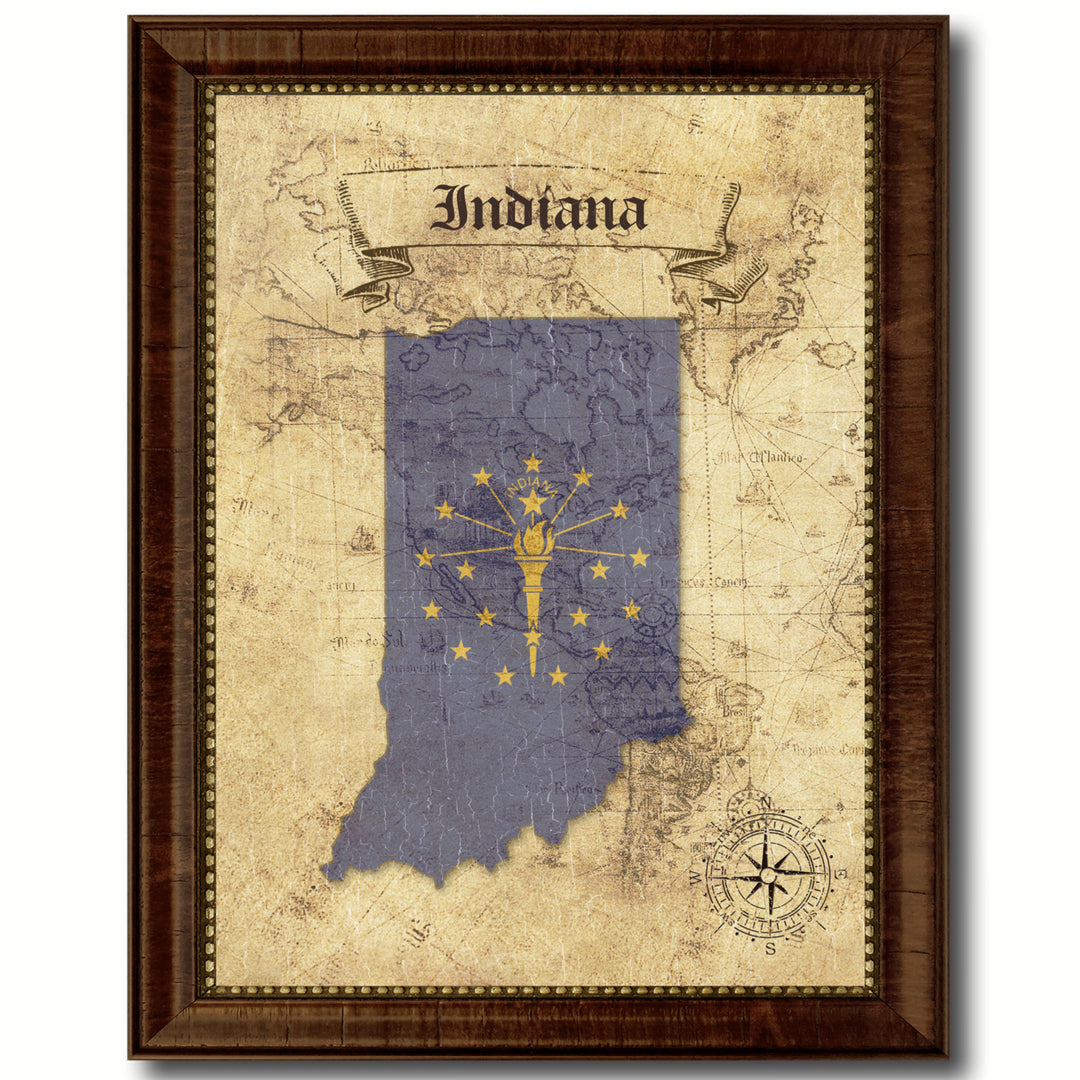 Indiana State Flag  Vintage Map Canvas Print with Picture Frame  Wall Art Decoration Gift Ideas Image 1