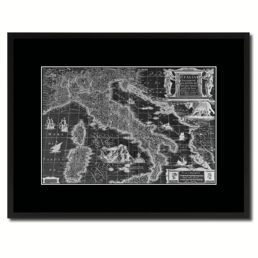 Italy Vintage Monochrome Map Canvas Print with Gifts Picture Frame  Wall Art Image 1