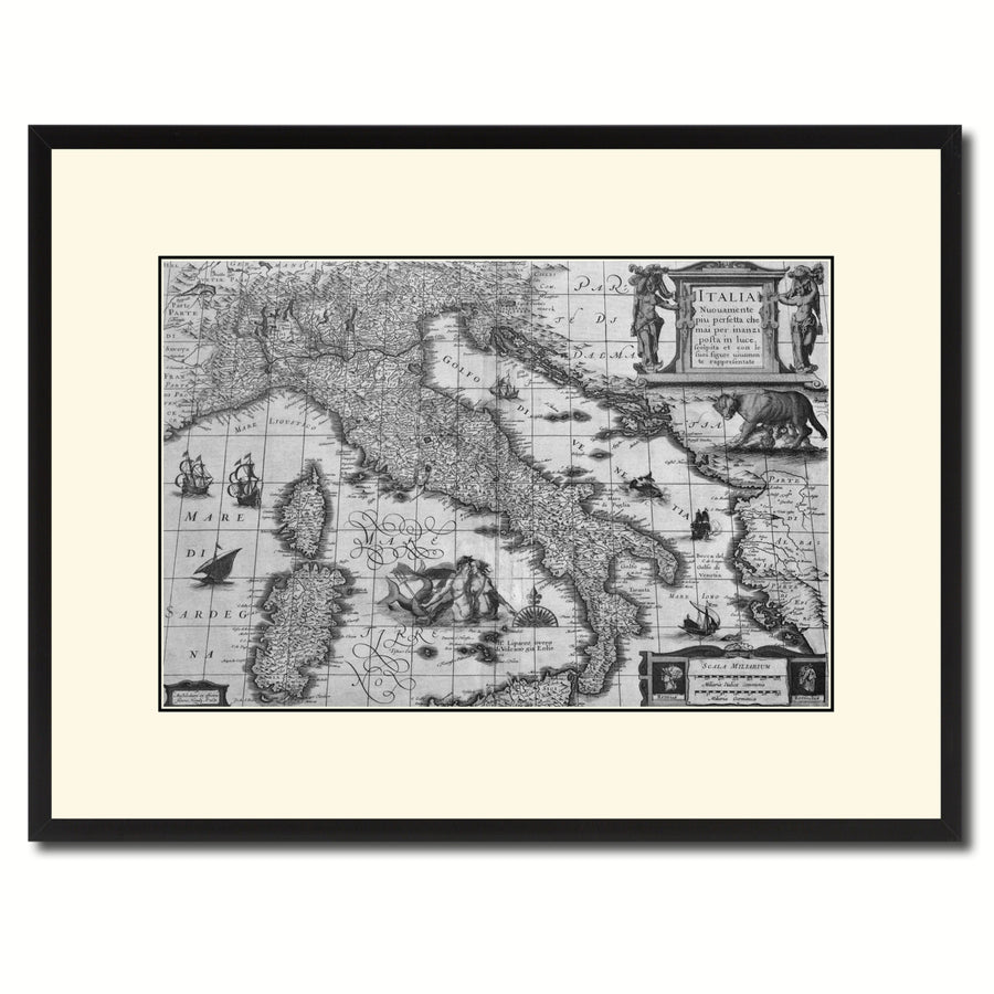 Italy Vintage BandW Map Canvas Print with Picture Frame  Wall Art Gift Ideas Image 1