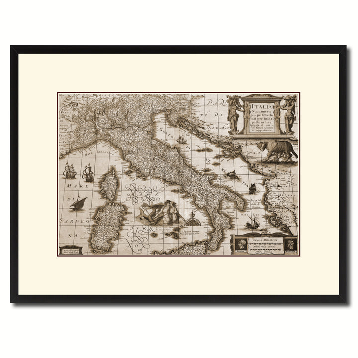 Italy Vintage Sepia Map Canvas Print with Picture Frame Gifts  Wall Art Decoration Image 1