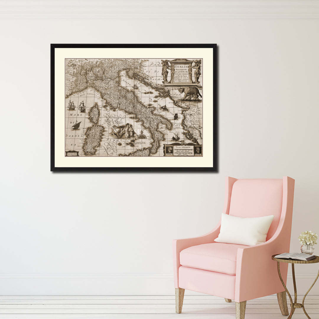 Italy Vintage Sepia Map Canvas Print with Picture Frame Gifts  Wall Art Decoration Image 2