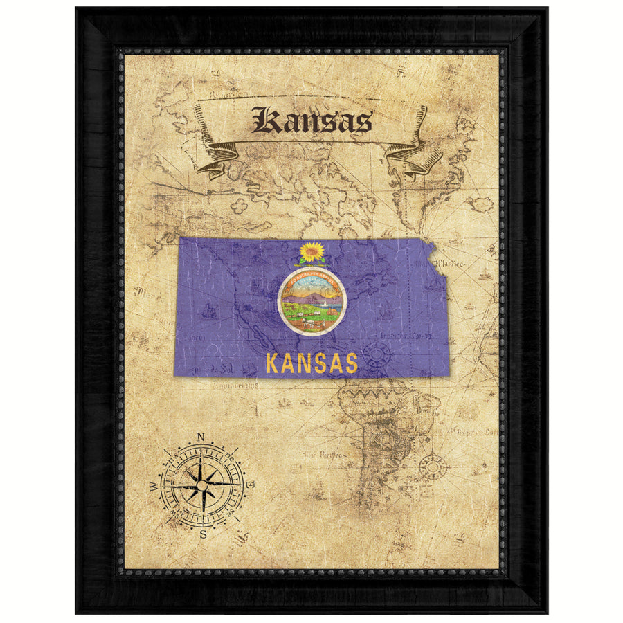 Kansas State Flag  Vintage Map Canvas Print with Picture Frame  Wall Art Decoration Gift Ideas Image 1