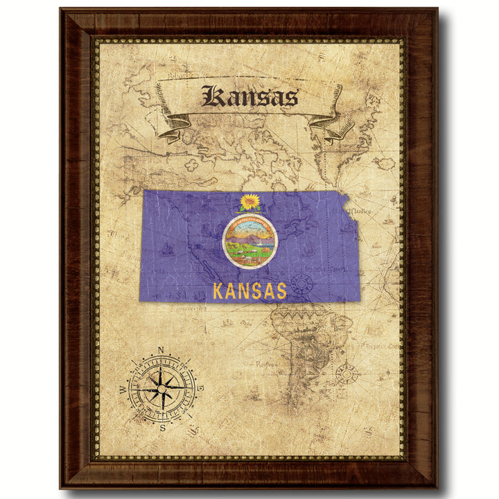 Kansas State Flag  Vintage Map Canvas Print with Picture Frame  Wall Art Decoration Gift Ideas Image 1