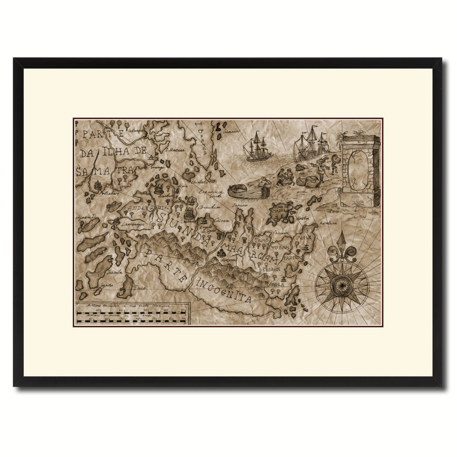 Land Vintage Sepia Map Canvas Print with Picture Frame  Wall Art Office Decoration Gift Ideas Image 1