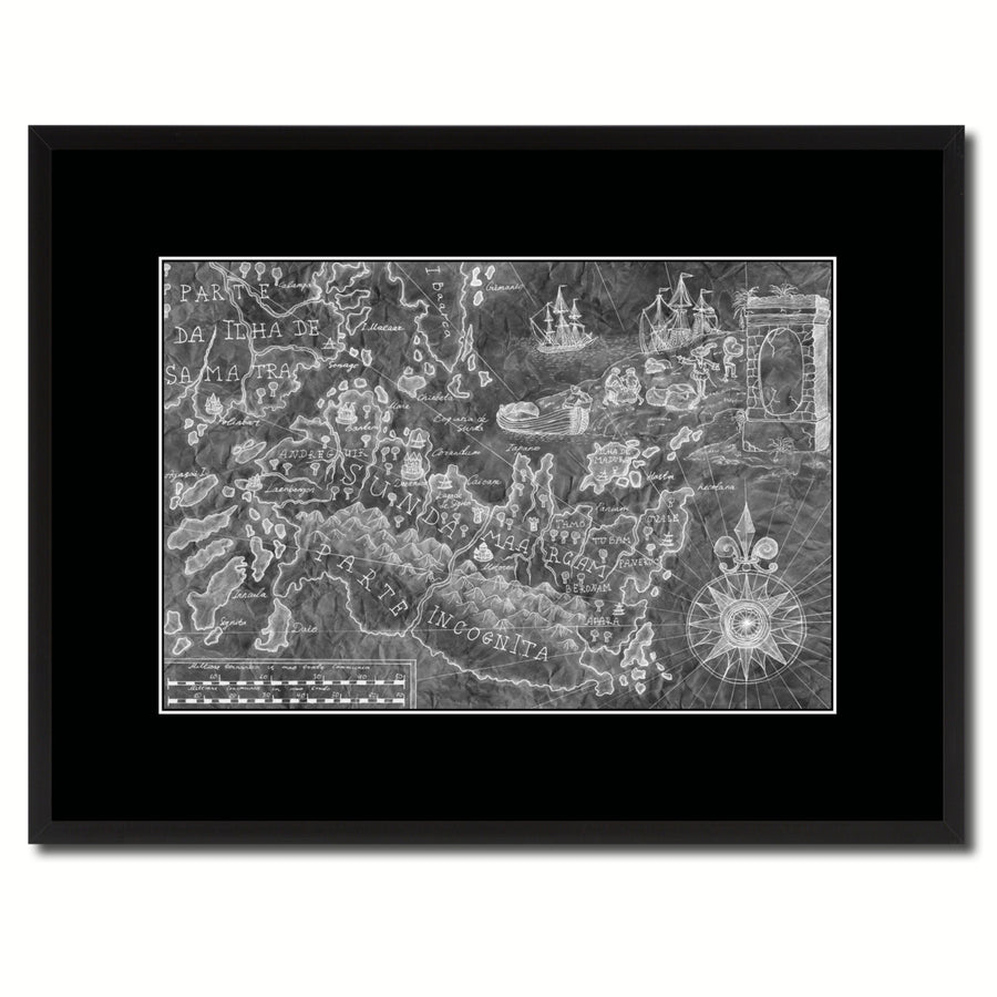 Land Vintage Monochrome Map Canvas Print with Picture Frame  Wall Art Office Decoration Gift Ideas Image 1