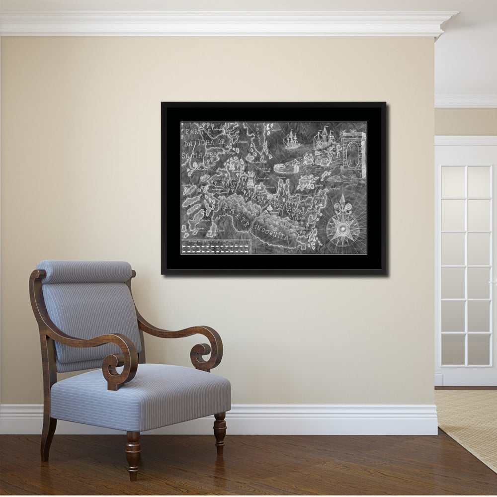 Land Vintage Monochrome Map Canvas Print with Picture Frame  Wall Art Office Decoration Gift Ideas Image 2