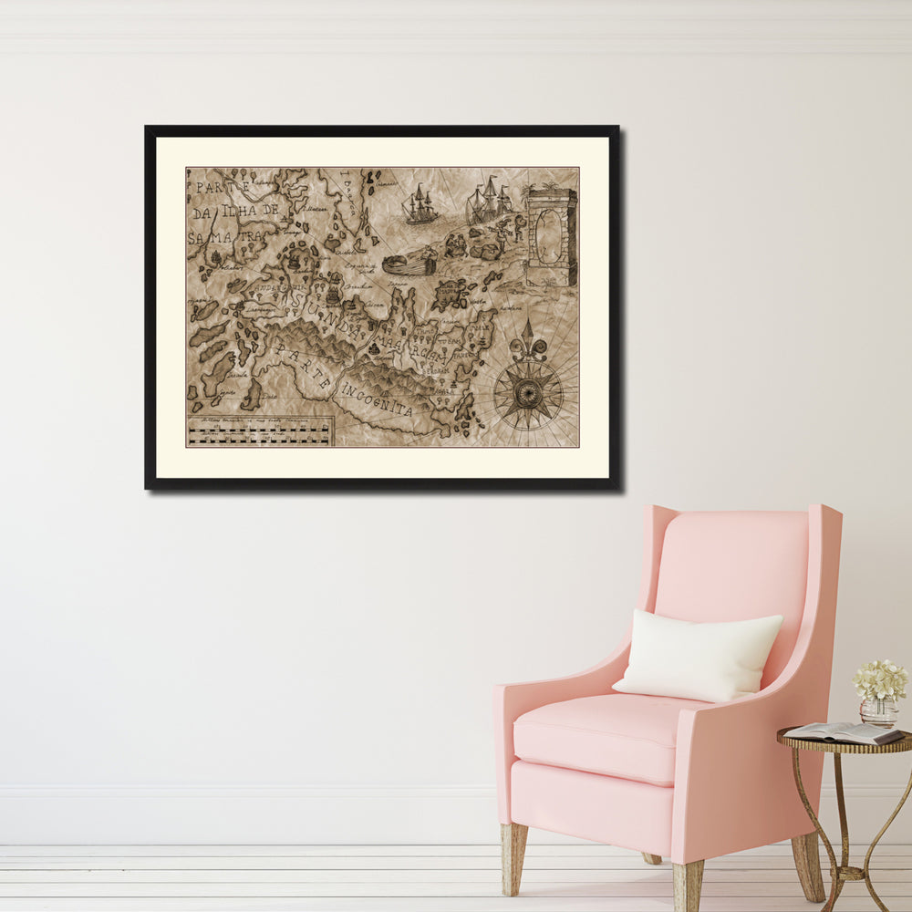 Land Vintage Sepia Map Canvas Print with Picture Frame  Wall Art Office Decoration Gift Ideas Image 2