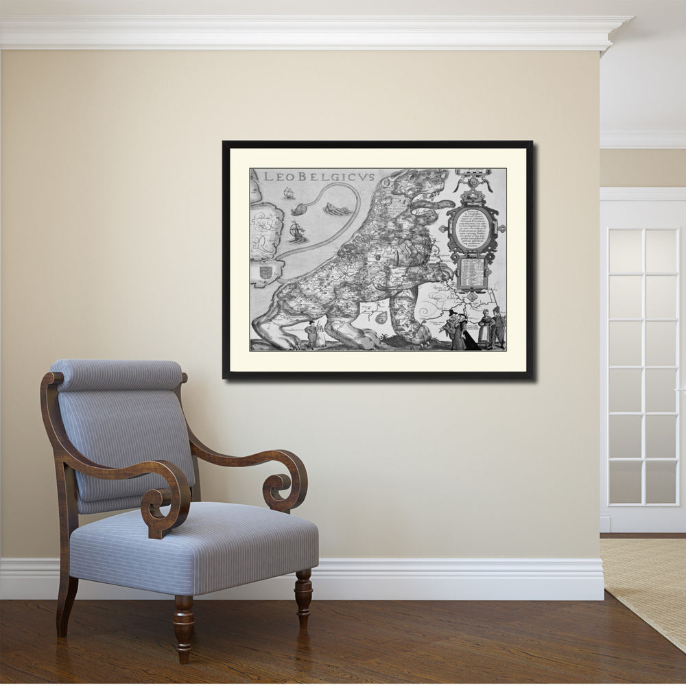 Leo Belgicvs Vintage BandW Map Canvas Print with Picture Frame  Wall Art Gift Ideas Image 2