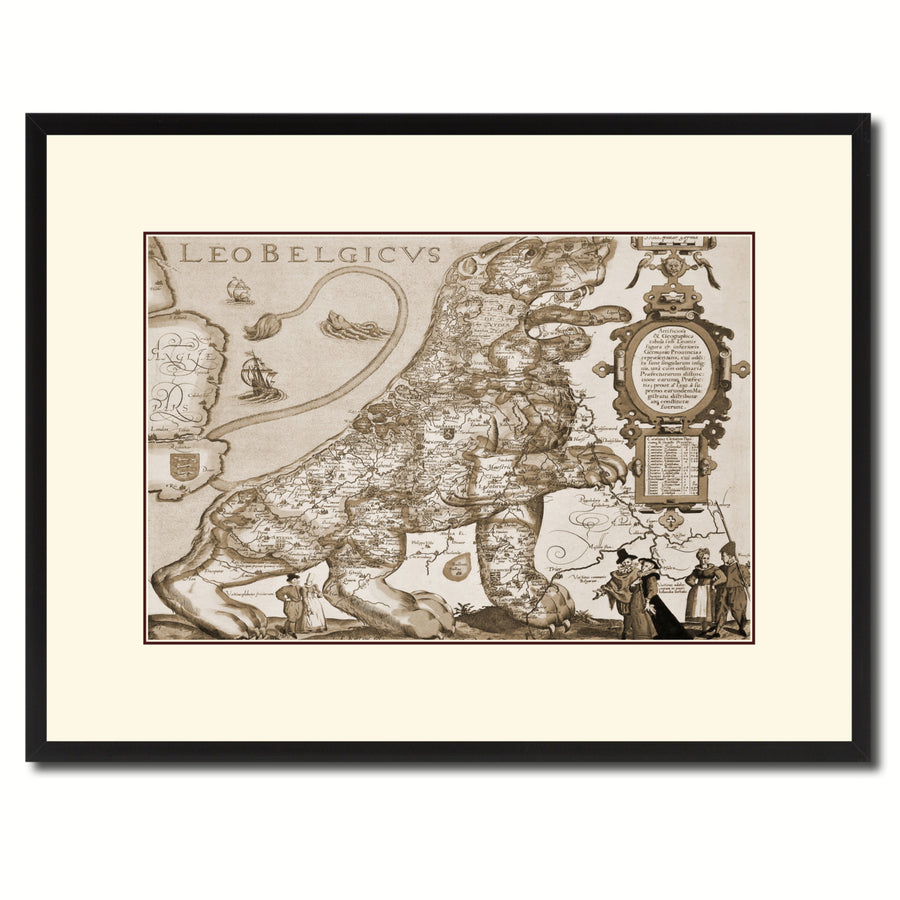 Leo Belgicvs Vintage Sepia Map Canvas Print with Picture Frame  Wall Art Gift Ideas Image 1