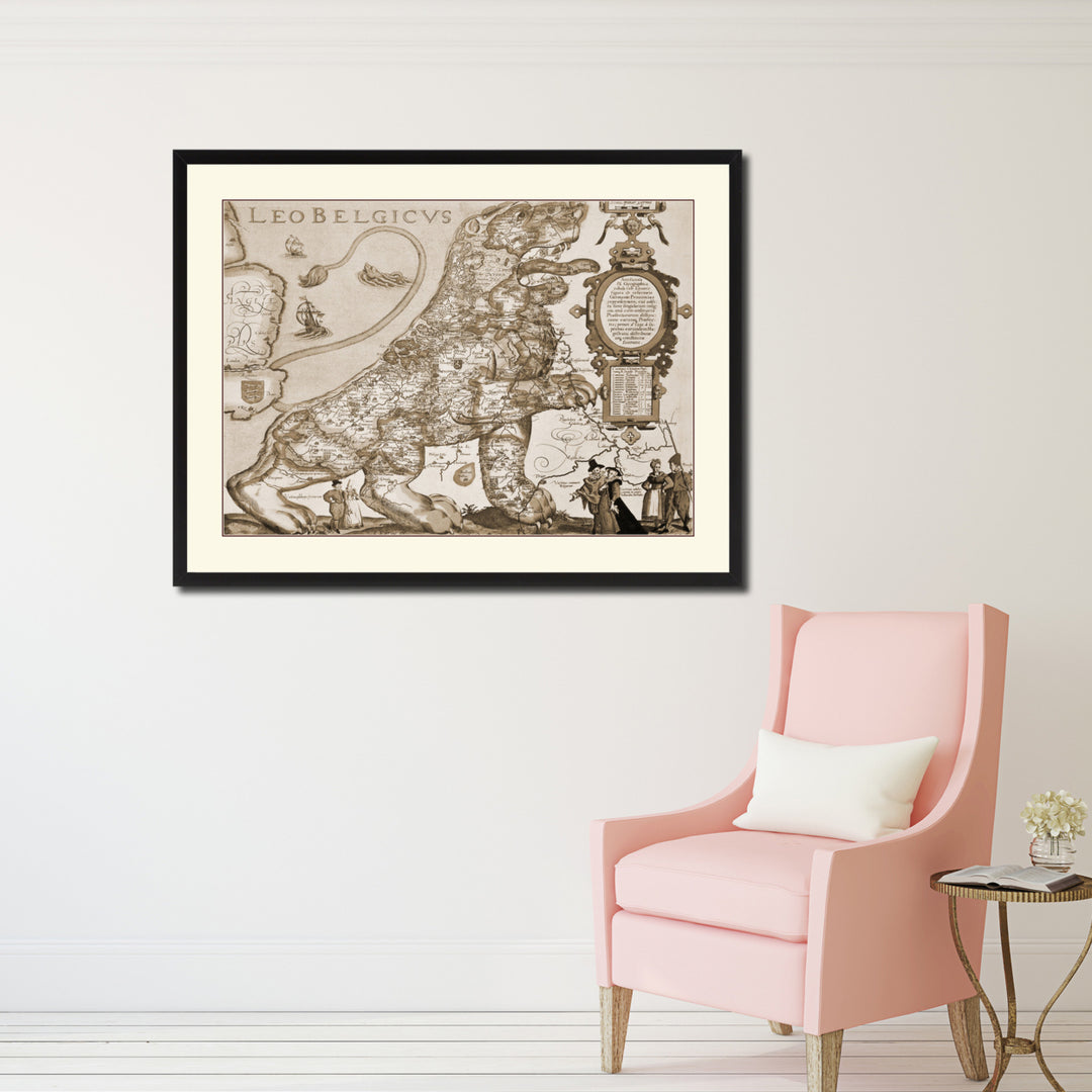 Leo Belgicvs Vintage Sepia Map Canvas Print with Picture Frame  Wall Art Gift Ideas Image 2