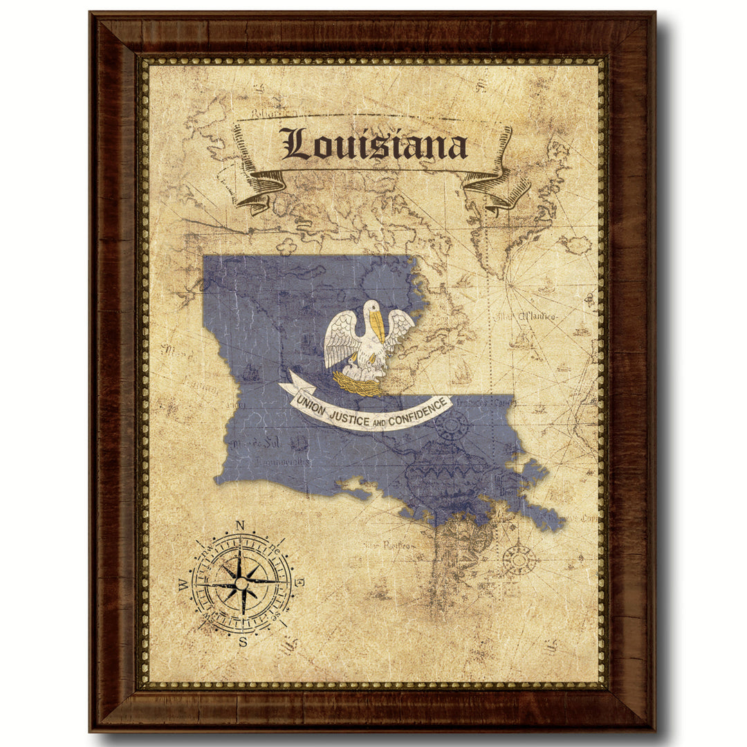 Louisiana State Flag  Vintage Map Canvas Print with Picture Frame  Wall Art Decoration Gift Ideas Image 1