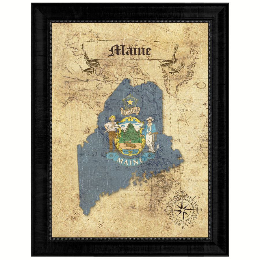 Maine State Flag  Vintage Map Canvas Print with Picture Frame  Wall Art Decoration Gift Ideas Image 1