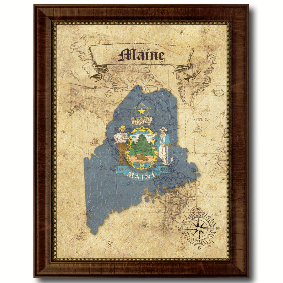 Maine State Flag  Vintage Map Canvas Print with Picture Frame  Wall Art Decoration Gift Ideas Image 1