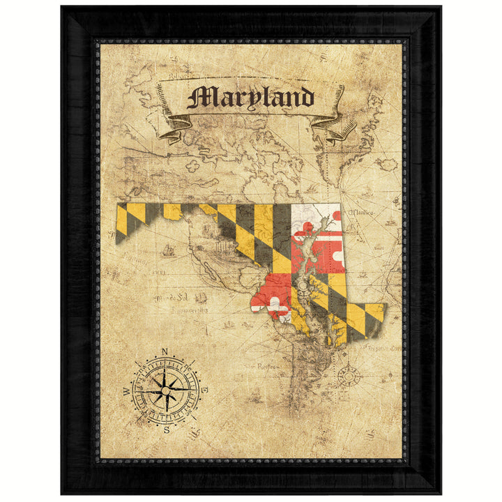 Maryland State Flag  Vintage Map Canvas Print with Picture Frame  Wall Art Decoration Gift Ideas Image 1