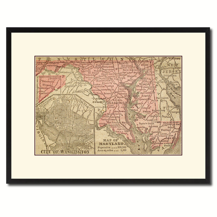 Maryland Vintage Antique Map Wall Art  Gift Ideas Canvas Print Custom Picture Frame Image 1