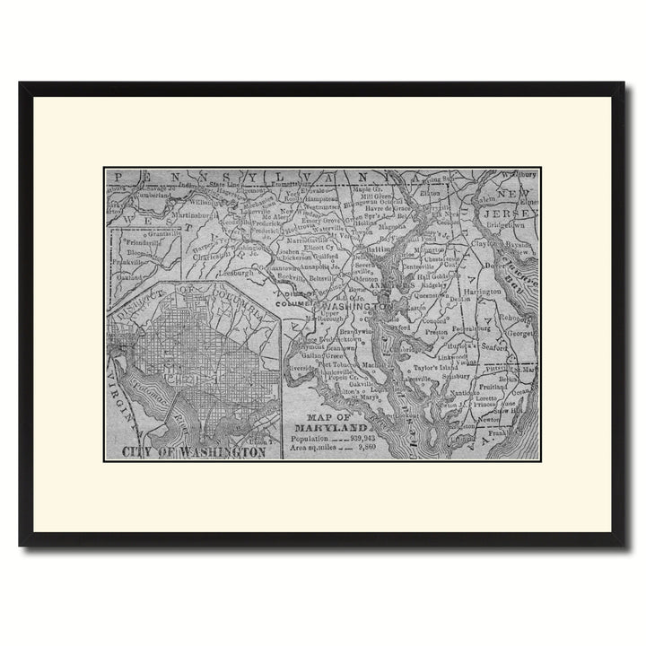 Maryland Vintage BandW Map Canvas Print with Picture Frame  Wall Art Gift Ideas Image 1