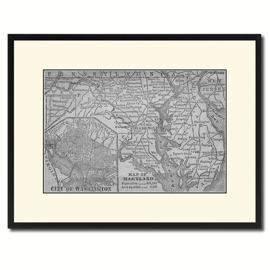 Maryland Vintage BandW Map Canvas Print with Picture Frame  Wall Art Gift Ideas Image 1