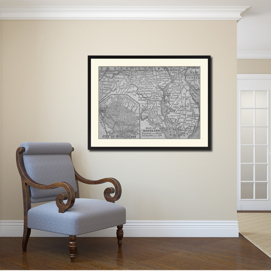 Maryland Vintage BandW Map Canvas Print with Picture Frame  Wall Art Gift Ideas Image 2